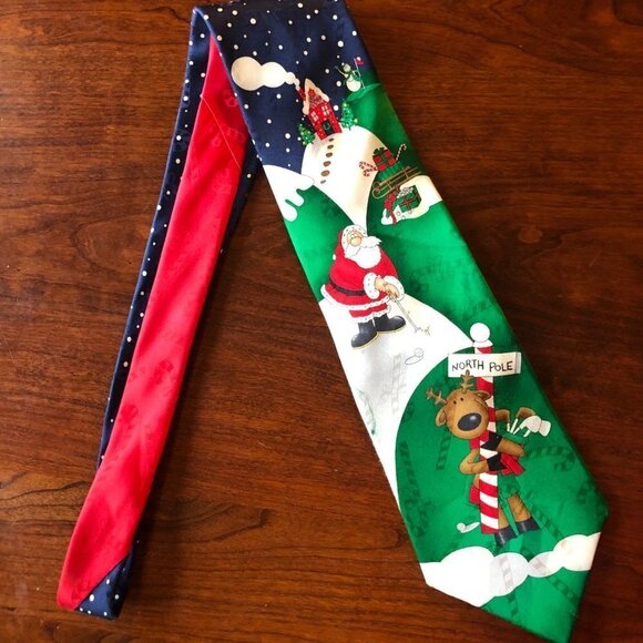 Hallmark Yule Tie Greetings Silk Santa Golfing Tie‎ with Reindeer - Picture 1 of 6